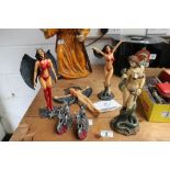 Four Fantasy figurines by Marka Gallery and pair of Tudor Mint dragons on motorcycles, A/F