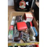 Box of mixed items including Seiko travel clock, silver plated items etc