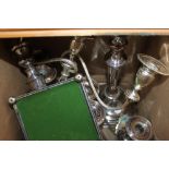 Box of mixed silver plated items including candelabra etc