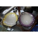 Pair of F Mordant Giannoni dishes in purple and yellow colourway, L ~ 26cm