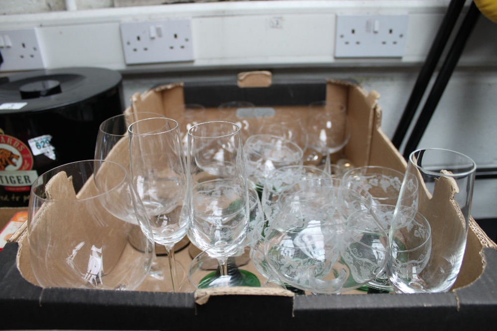 Box of good glassware including etched drinking glasses with green coloured glass stems