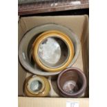 Box of stoneware items including jars