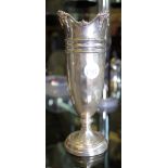 Hallmarked silver vase with decorative neck and weighted base, marks present but rubbed, H ~ 17cm