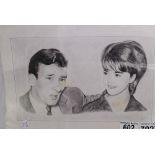 Original landscape pencil drawing Reggie Kray and his wife, signed PS 94 bottom right