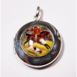 Silver stamped locket with enamel horse rider