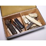 Silver plated cigarette box of mixed penknives including mother of pearl examples