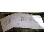Two original Yohannes pen and ink cartoons and associated pencil drawings