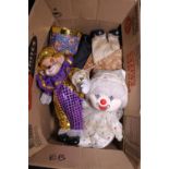 Box of mixed musical clowns, some with ceramic heads