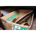 Box of brass dishes in various sizes  and a stool