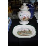 Spode Huntsmans lidded vase and matching plate