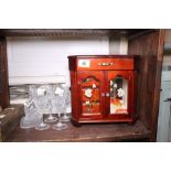 Four Crystal D'arques wine glasses, glass horse and a mahogany jewellery display cabinet