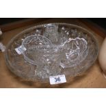 Five pieces of cut glass including fruit bowl, candlestick etc