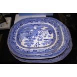 Four blue and white Willow pattern meat plates