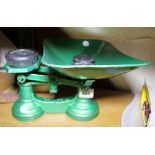 KITCHEN SCALES. Painted green cast metal weighing scales