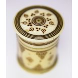 ANTIQUE IVORY POT. Antique ivory lidded pot with etched decoration