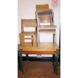 SCHOOL DESKS. Three school desks and five assorted childrens stacking chairs