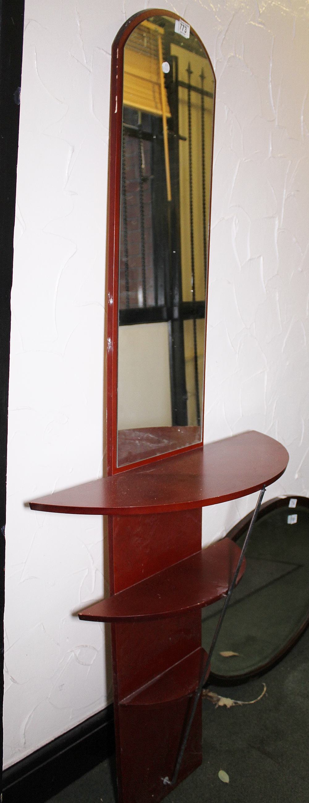 MIRROR WITH SHELVES. Mahogany mirror with three graduated shelves to base. ,  H ~ 173cm