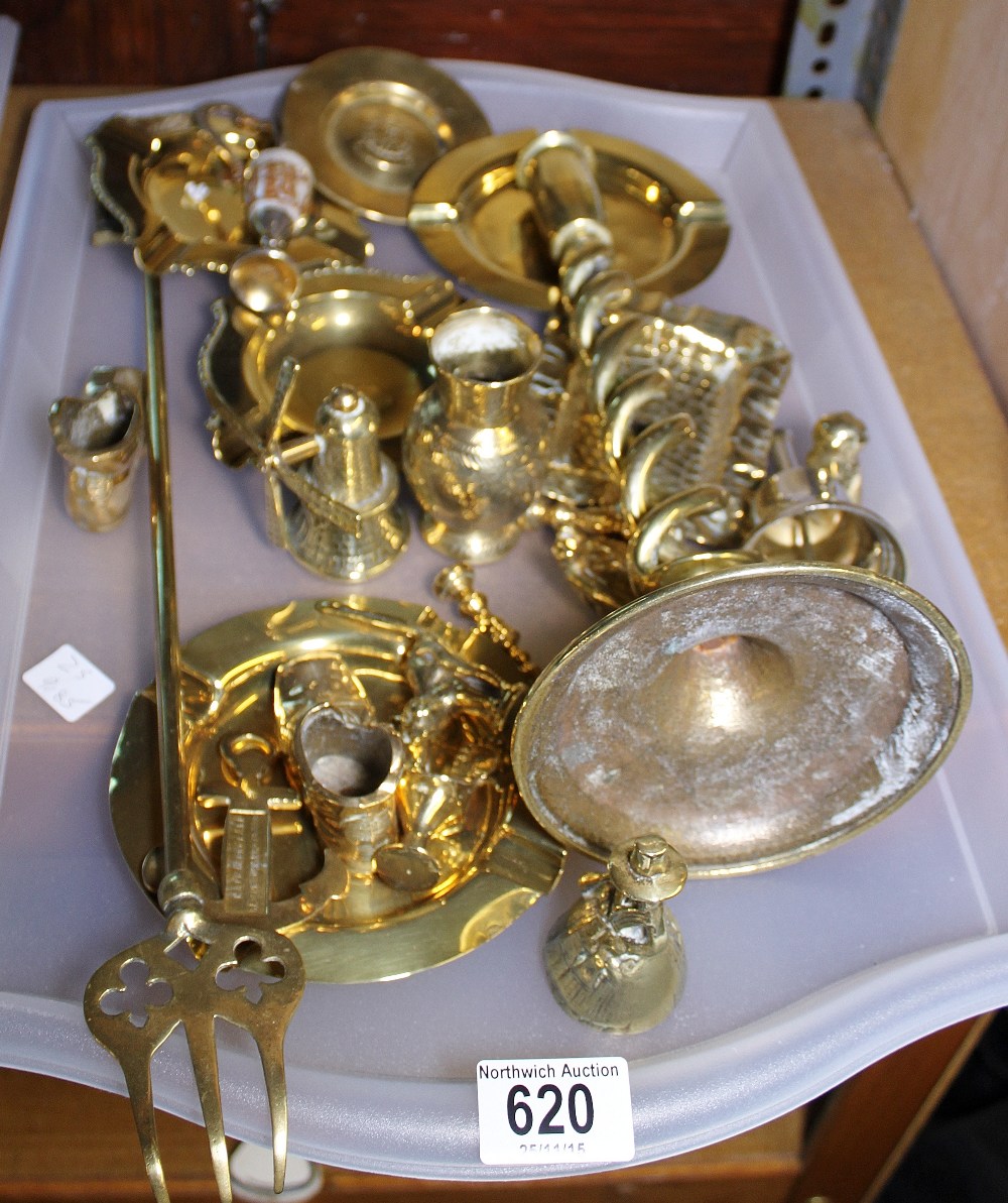 MIXED BRASSWARE. Tray of brassware including candlesticks