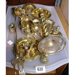 MIXED BRASSWARE. Tray of brassware including candlesticks