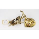 PROSPECTORS BROOCH. Yellow metal prospectors brooch with shovel, pick, rope and gold nugget detail