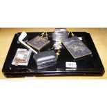 MIXED COLLECTABLE ITEMS. Oriental cigarette case, ladies compact, two trays, cigarette lighter,