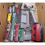 TRIANG RAILWAY ACCESSORIES. Box of Triang model railway accessories including rolling stock, signals