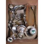 MIXED SILVER PLATE. Box of silver plated items including candelabra