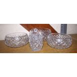 CUT GLASS BOWLS. Three cut glass bowls and cut glass jam pot