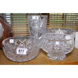 CUT GLASS BOWLS. Three cut glass bowls and vase