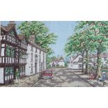 MACCLESFIELD SILK . Macclesfield silk picture of Prestbury village, 15 x 10cm