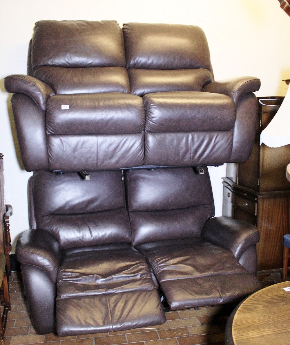 PAIR OF SETTEES. Brown leather pair of  La~z~boy double recliner settees