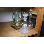 Two glass bowls, pair of cut glass jugs and two decanters