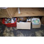 Three boxes of household items including treen, ceramics, clocks etc