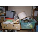 Five boxes of mixed items including ceramics, glass, lamps etc