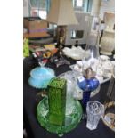 Quantity of cut glass including Bristol blue glass oil lamp