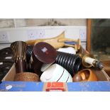 Box of household items including treen and West German ceramics