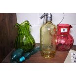 Vintage amber glass Schweppes soda syphon, glass pipe, cranberry glass jug and hand made glass vase