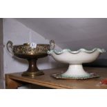 Brass twin handled tazza, ceramic tazza and a silver plated tray