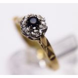18ct yellow gold sapphire and diamond cluster ring, size L