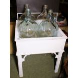 Shabby chic painted wood plant stand and four glass bottles