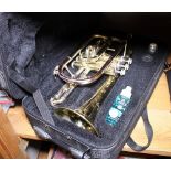 Cased Sonatra CR701 brass trumpet and accessories