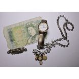 Vintage £1 note, ladies Pulsar wristwatch, brooch etc