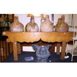 Spanish chestnut amphora stand with four pottery amphorael,  L ~ 145cm