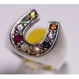 Sterling silver large horseshoe ring set with semi precious stones