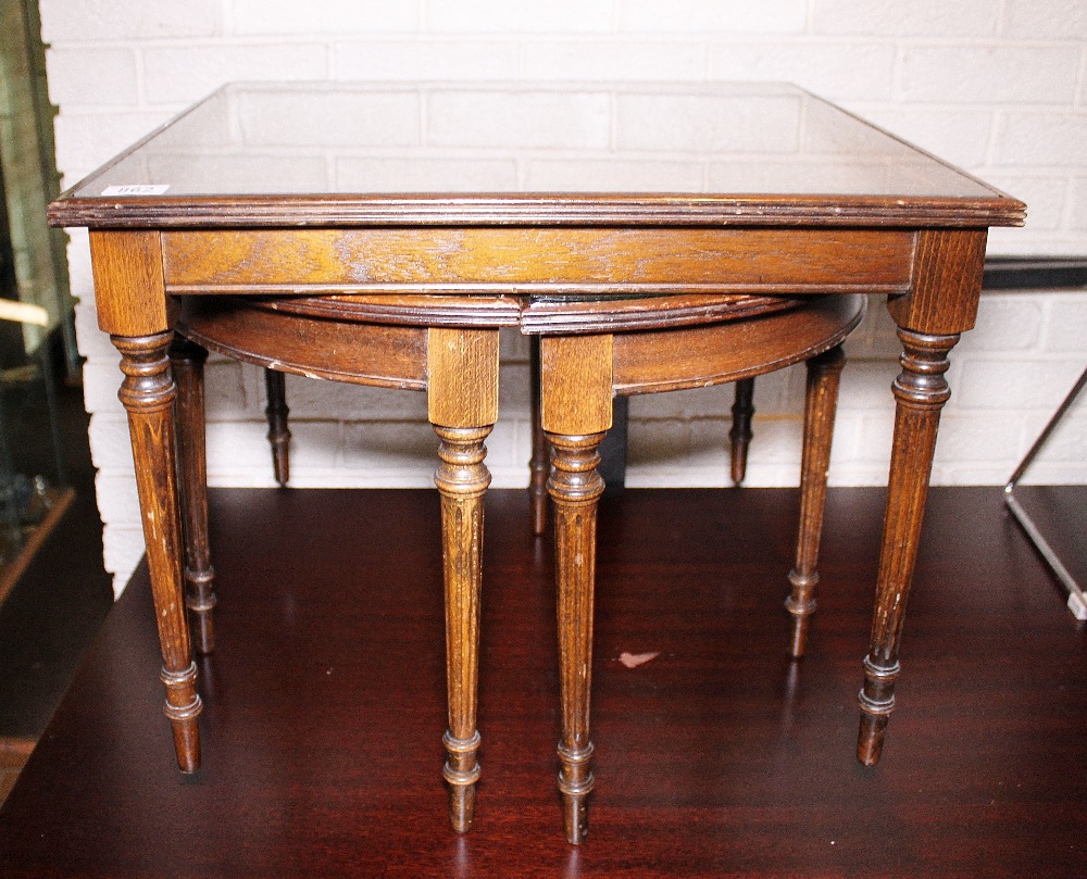 Square mahogany coffee table and two semi circle examples, 60 x 60 x 45cm