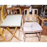 Oak leather upholstered elbow chair, oak table, folding table and an oak chair
