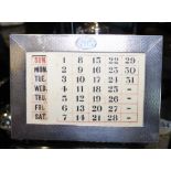 Hallmarked silver desk calendar in engine turned design with day register, Birmingham 1910, W ~ 14.
