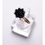 9ct yellow gold dark sapphire set ring, size O, 2g