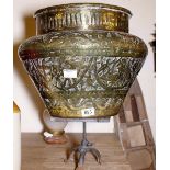 Large brass jardiniere with foliate design and stand