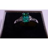 9ct white gold emerald and diamond ring, size L,